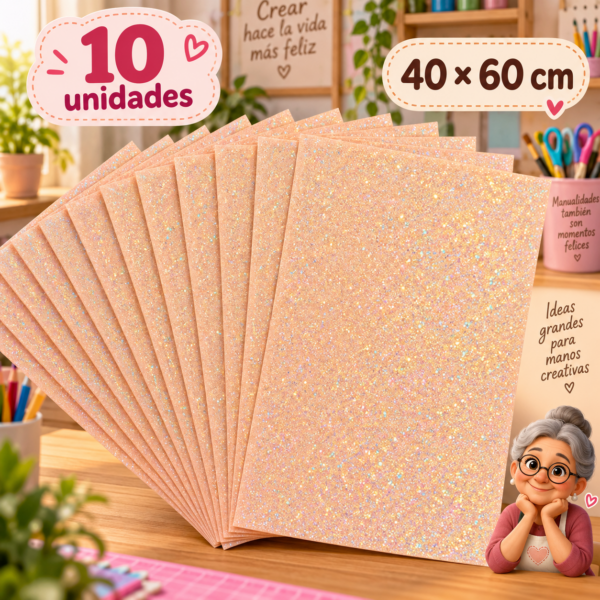 Goma EVA con glitter iridiscente piel claro, 10 unidades, 40 × 60 cm