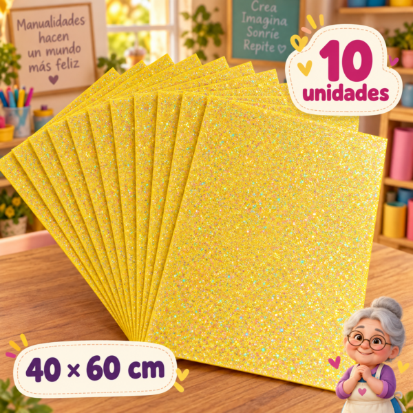 Goma EVA con glitter iridiscente amarillo, 10 unidades, 40 × 60 cm