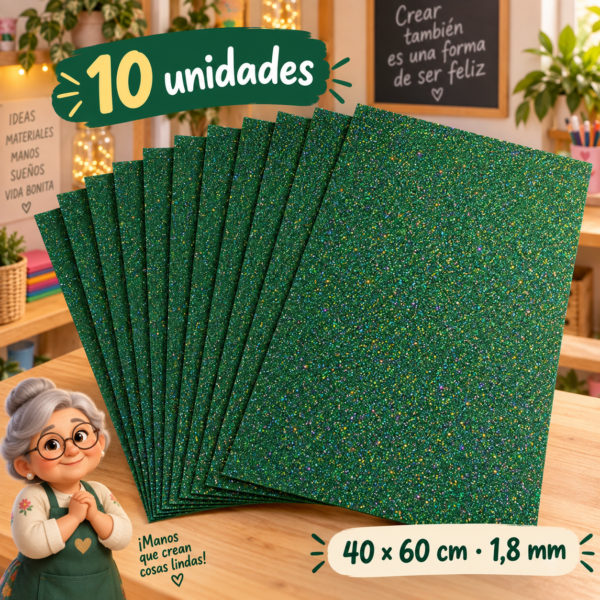 Goma EVA con glitter iridiscente verde oscuro, 1,8 mm, 10 unidades, 40 × 60 cm