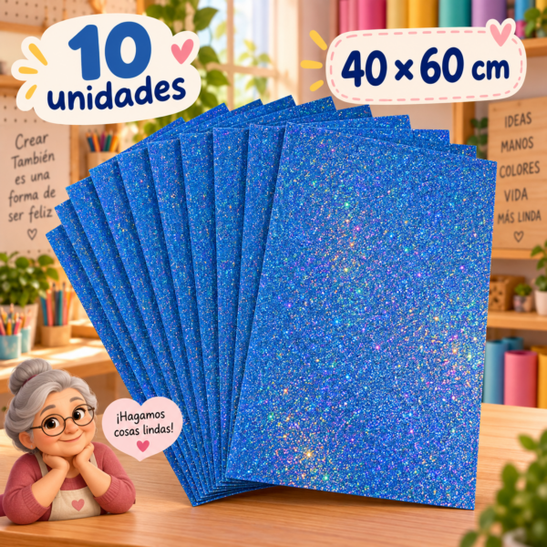 Goma EVA con glitter iridiscente azul, 10 unidades, 40 × 60 cm