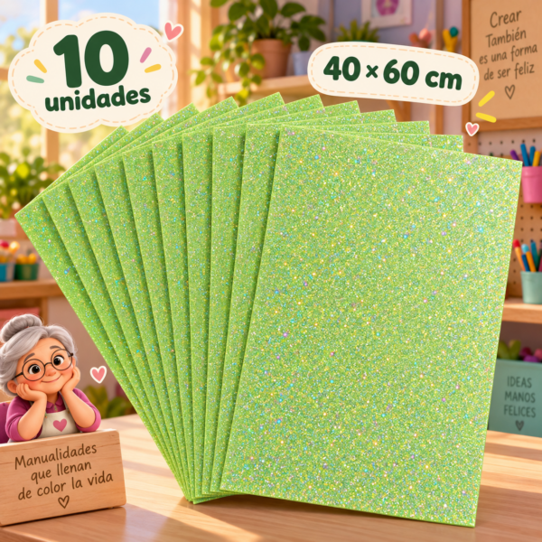 Goma EVA con glitter iridiscente verde claro, 10 unidades, 40 × 60 cm