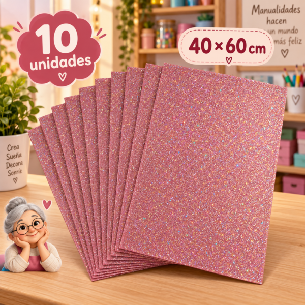 Goma EVA con glitter iridiscente rosa palo, 10 unidades, 40 × 60 cm