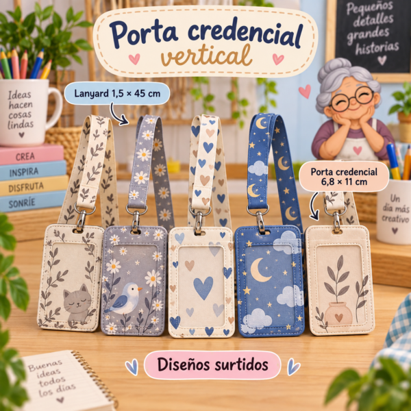 Porta credencial vertical con lanyard, modelo 16, 6,8 × 11 cm
