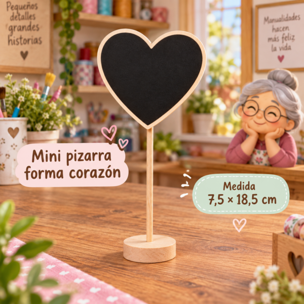 Mini pizarra con base de madera, forma corazón, 7,5 × 18,5 cm