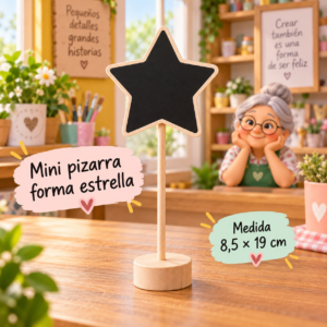 RI-0005141-1.png Mini pizarra con base de madera, forma estrella, 8,5 × 19 cm