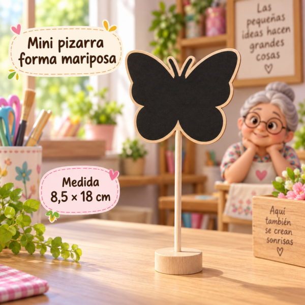 Mini pizarra con base de madera, forma mariposa, 8,5 × 18 cm