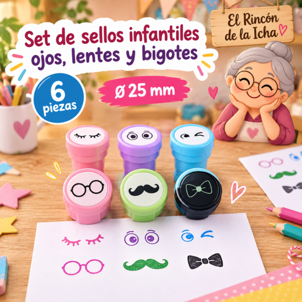 Set de sellos infantiles ojos, lentes y bigotes, 6 piezas, Ø 25 mm