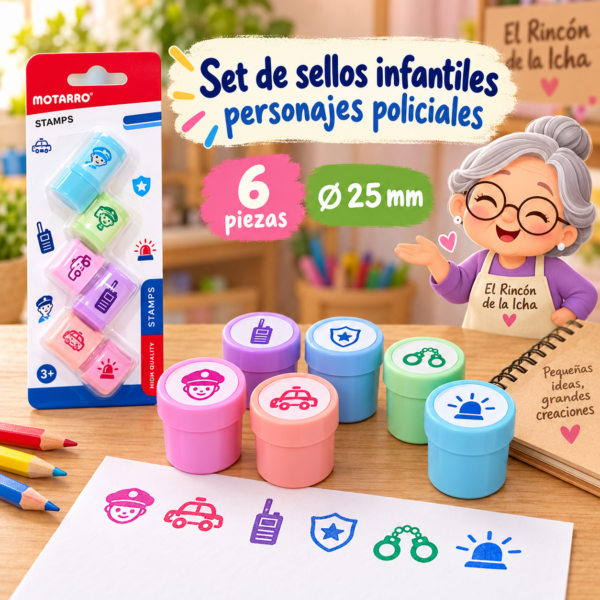 Set de sellos infantiles personajes policiales, 6 piezas, Ø 25 mm