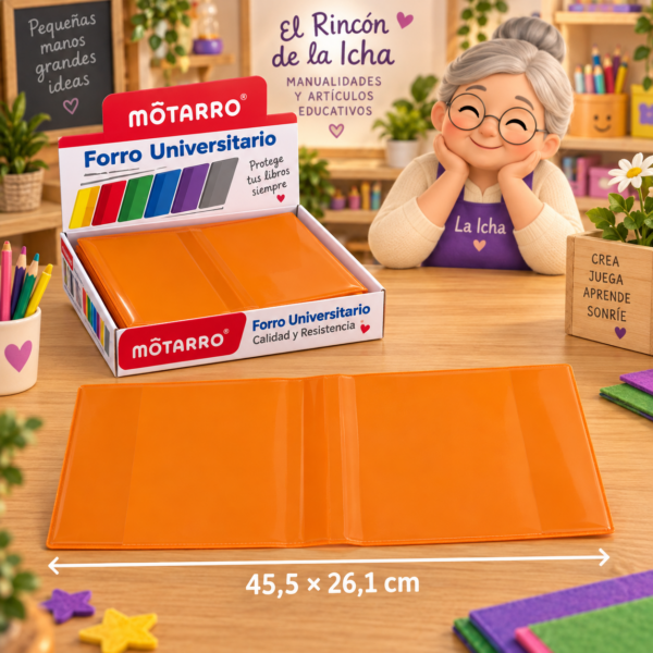 Forro Universitario Motarro PVC Naranja 45,5 x 26,1 cm – 50 Unidades Forro universitario Motarro PVC naranja de 45,5 x 26,1 cm, presentación de 50 unidades