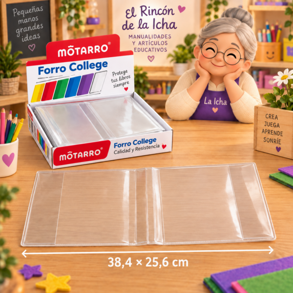 Forro College Motarro PVC Transparente 38,4 x 25,6 cm – 50 Unidades Forro College Motarro PVC transparente de 38,4 x 25,6 cm, presentación de 50 unidades