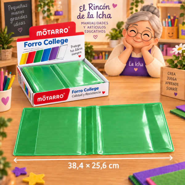 Forro College Motarro PVC Verde 38,4 x 25,6 cm – 50 Unidades Forro College Motarro PVC verde de 38,4 x 25,6 cm, presentación de 50 unidades