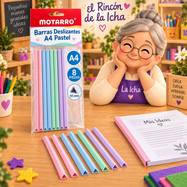 Set de 8 Barras Deslizantes para Carpeta A4 Motarro 10 mm – Pastel Set de 8 barras deslizantes para carpeta A4 Motarro de 10 mm, en tonos pastel