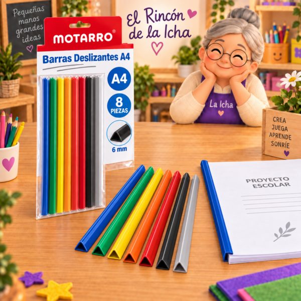 Set de 8 Barras Deslizantes para Carpeta A4 Motarro 6 mm – Colores Set de 8 barras deslizantes para carpeta A4 Motarro de 6 mm, en colores surtidos