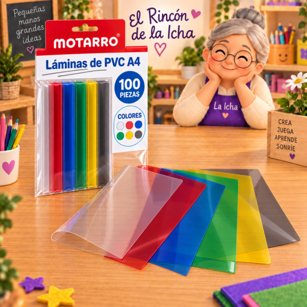 Pack de 100 Láminas de PVC A4 Motarro – Colores Pack de 100 láminas de PVC A4 Motarro en colores surtidos
