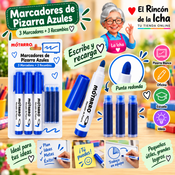 Marcadores de Pizarra Azules con Recambio 3+3 Unidades Punta Redonda Motarro