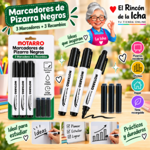 RI-0005347 Marcadores de Pizarra Negros con Recambio 3+3 Unidades Punta Redonda Motarro