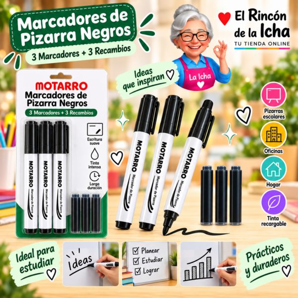 Marcadores de Pizarra Negros con Recambio 3+3 Unidades Punta Redonda Motarro