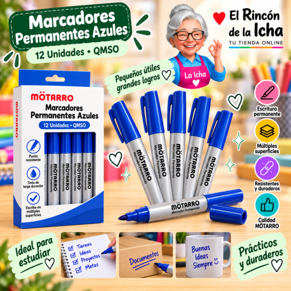 Marcadores Permanentes Azules QMSO 12 Unidades Motarro