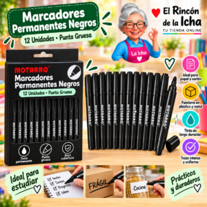 RI-0005350 Marcadores Permanentes Negros Punta Gruesa 12 Unidades Motarro