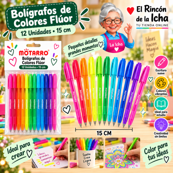 Bolígrafos de Colores Flúor 12 Unidades 15 cm Motarro