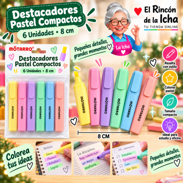 Destacadores Pastel Compactos 6 Unidades 8 cm Motarro