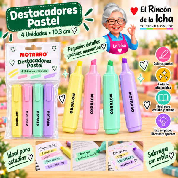 Destacadores Pastel 4 Unidades 10,3 cm Motarro