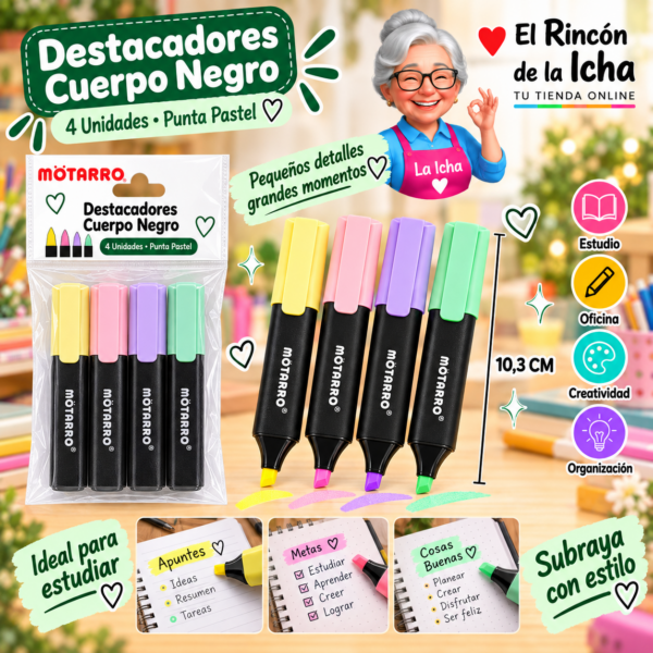 Destacadores Cuerpo Negro Punta Pastel 4 Unidades 10,3 cm Motarro
