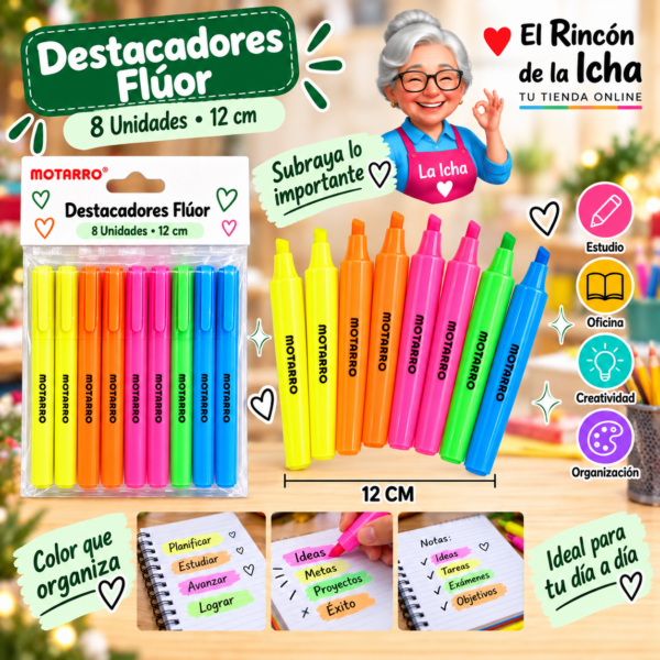 Destacadores Flúor 8 Unidades 12 cm Motarro