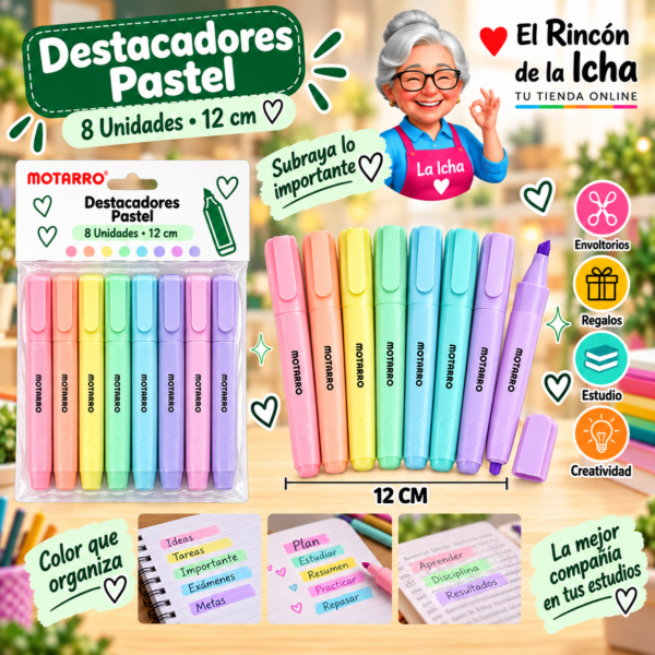 Destacadores Pastel 8 Unidades 12 cm Motarro
