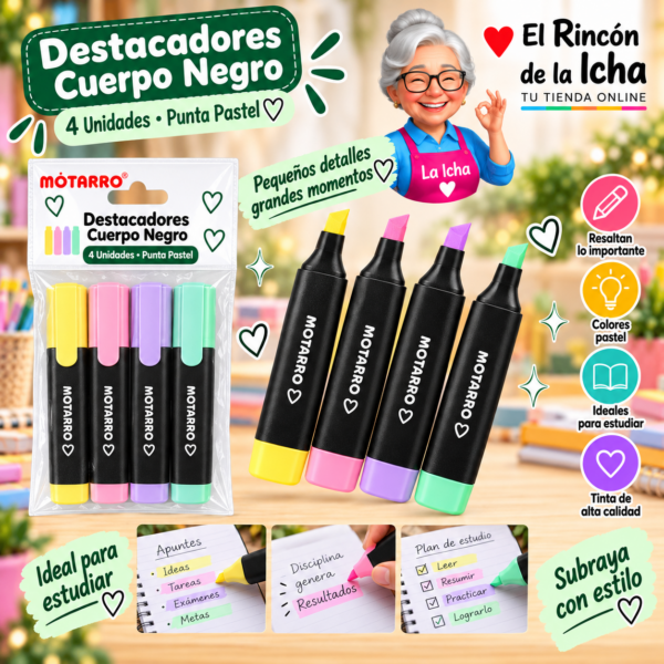 Destacadores Cuerpo Negro Punta Pastel 4 Unidades 12 cm Motarro