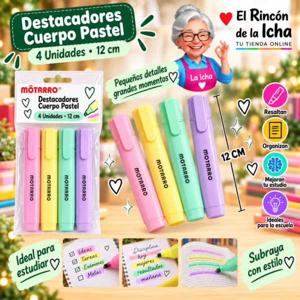 Destacadores Cuerpo Pastel 4 Unidades 12 cm Motarro