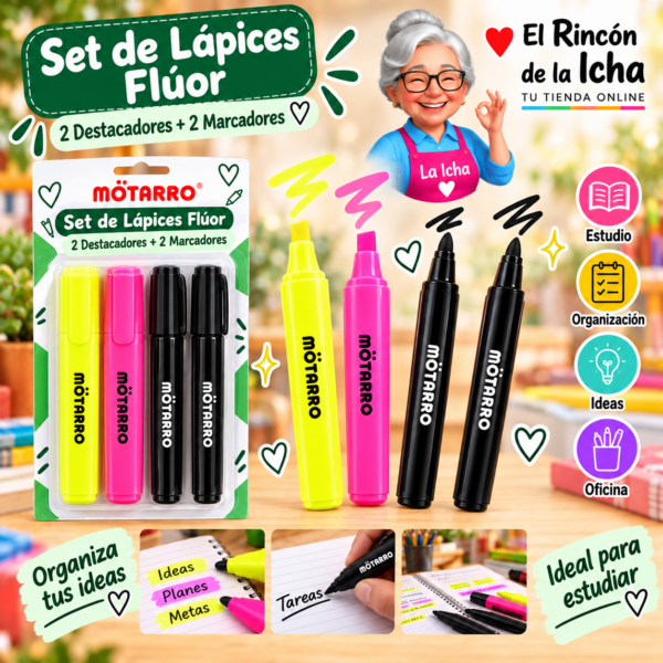 Set de Lápices 2 Destacadores Flúor y 2 Marcadores Negros Motarro