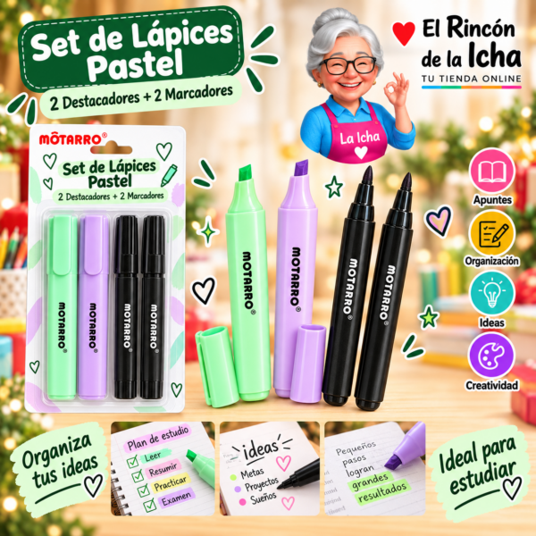 Set de Lápices 2 Destacadores Pastel y 2 Marcadores Negros Motarro