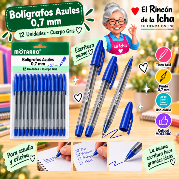Bolígrafos Azules 0,7 mm Cuerpo Gris 12 Unidades 15 cm Motarro
