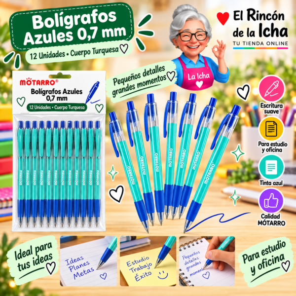 Bolígrafos Azules 0,7 mm Cuerpo Turquesa 12 Unidades 15 cm Motarro