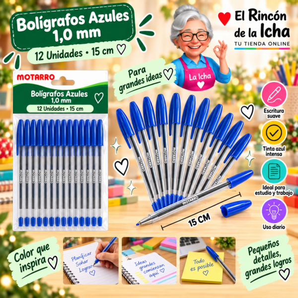 Bolígrafos Azules 1,0 mm 12 Unidades 15 cm Motarro