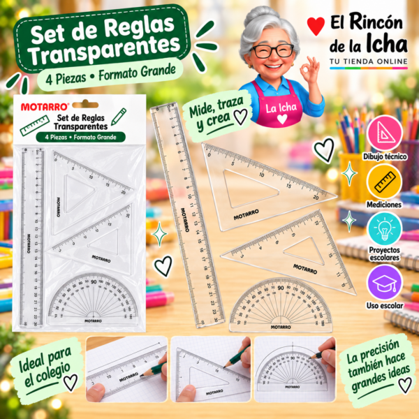 Set de Reglas Transparentes Grande 4 Piezas Motarro