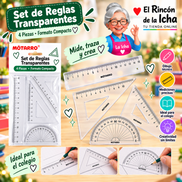 Set de Reglas Transparentes Compacto 4 Piezas Motarro