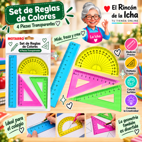 Set de Reglas Transparentes de Colores 4 Piezas Motarro