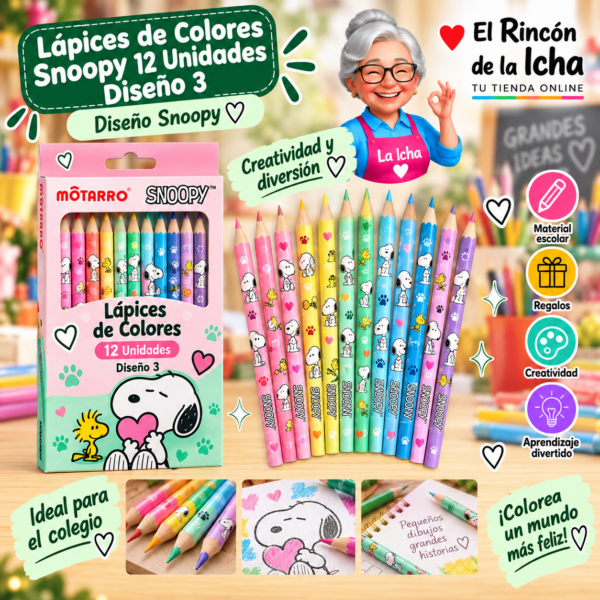 Lápices de Colores Snoopy 12 Unidades Diseño 3 Motarro