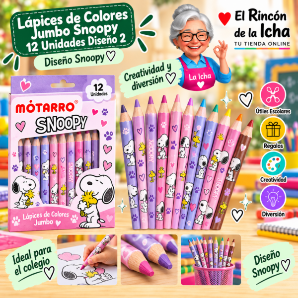 Lápices de Colores Jumbo Snoopy 12 Unidades Diseño 2 Motarro