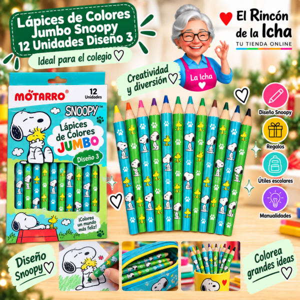 Lápices de Colores Jumbo Snoopy 12 Unidades Diseño 3 Motarro