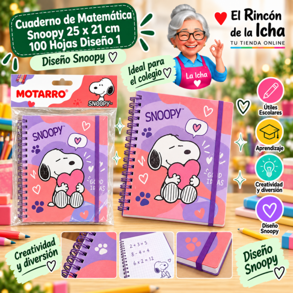 Cuaderno de Matemática Snoopy 25 x 21 cm 100 Hojas Diseño 1 Motarro