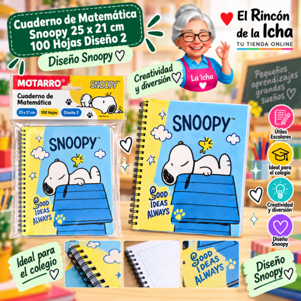 Cuaderno de Matemática Snoopy 25 x 21 cm 100 Hojas Diseño 2 Motarro