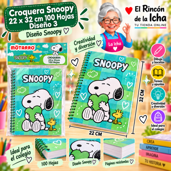 Croquera Snoopy 22 x 32 cm 100 Hojas Diseño 3 Motarro