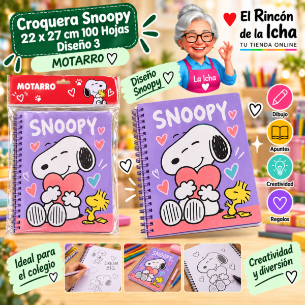 Croquera Snoopy 22 x 27 cm 100 Hojas Diseño 3 Motarro