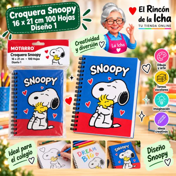 Croquera Snoopy 16 x 21 cm 100 Hojas Diseño 1 Motarro