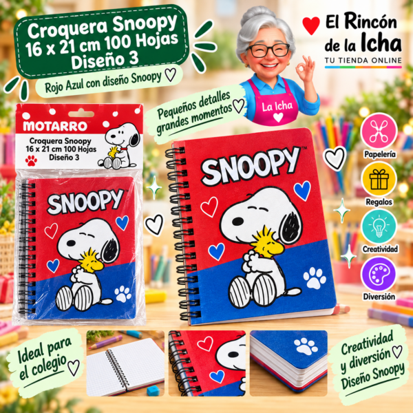 Croquera Snoopy 16 x 21 cm 100 Hojas Diseño 3 Motarro