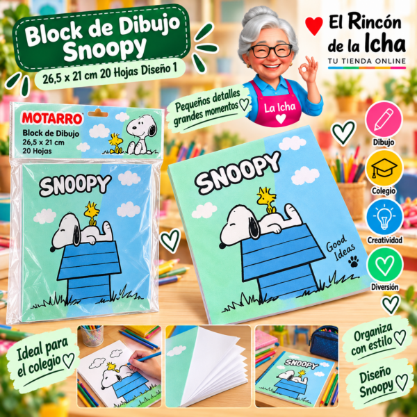 Block de Dibujo Snoopy 26,5 x 21 cm 20 Hojas Diseño 1 Motarro