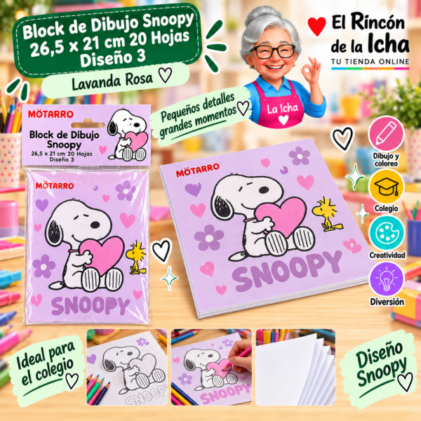 Block de Dibujo Snoopy 26,5 x 21 cm 20 Hojas Diseño 3 Motarro